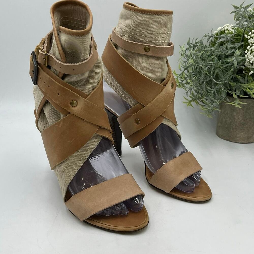 CHLOE Strap Leather‎ Canvas Gladiator High Heel Brown Beige Sandal Sz 36/5.5
